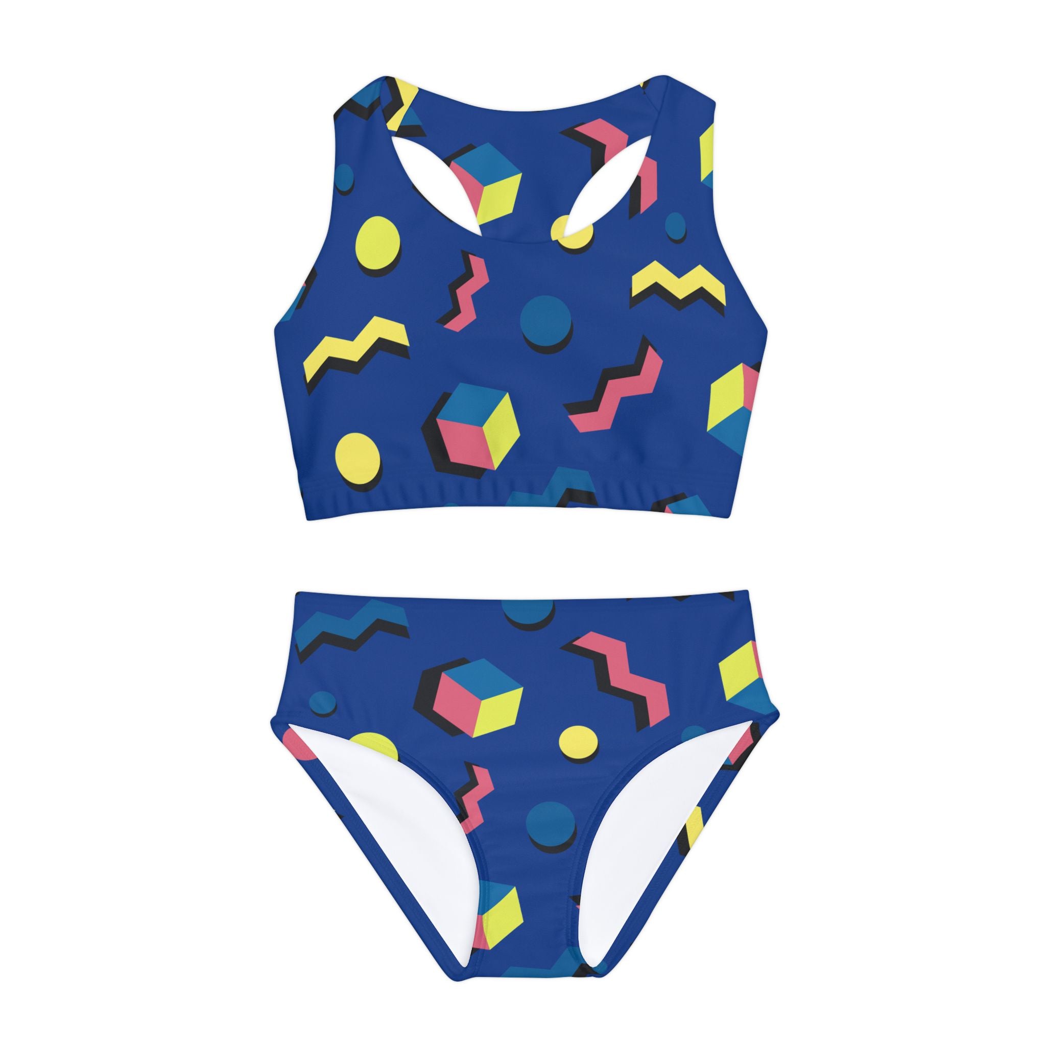 The Blue Geometric Swimsuit for girls is a vibrant and stylish addition to any young swimmer's wardrobe, perfect for pool parties, beach outings, or family vacations. This swimsuit captures the spirit of fun and adventure with its eye-catching geometric patterns, which combine various shades of blue, aqua, and white to create a dynamic look. The blend of colors not only adds visual interest, but also evokes a refreshing oceanic vibe that resonates with young swimmers who love the water.

